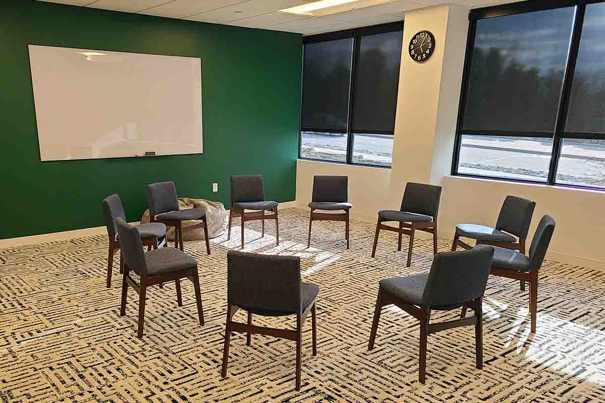 Outpatient treatment group therapy area for teens, adolescents, and young adults enrolled in IOP for mental health issues.