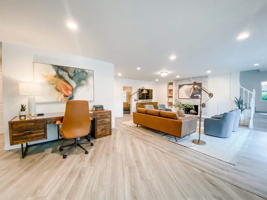Therapeutic workspaces and living room area for teen and young adult inpatients in Los Angeles.