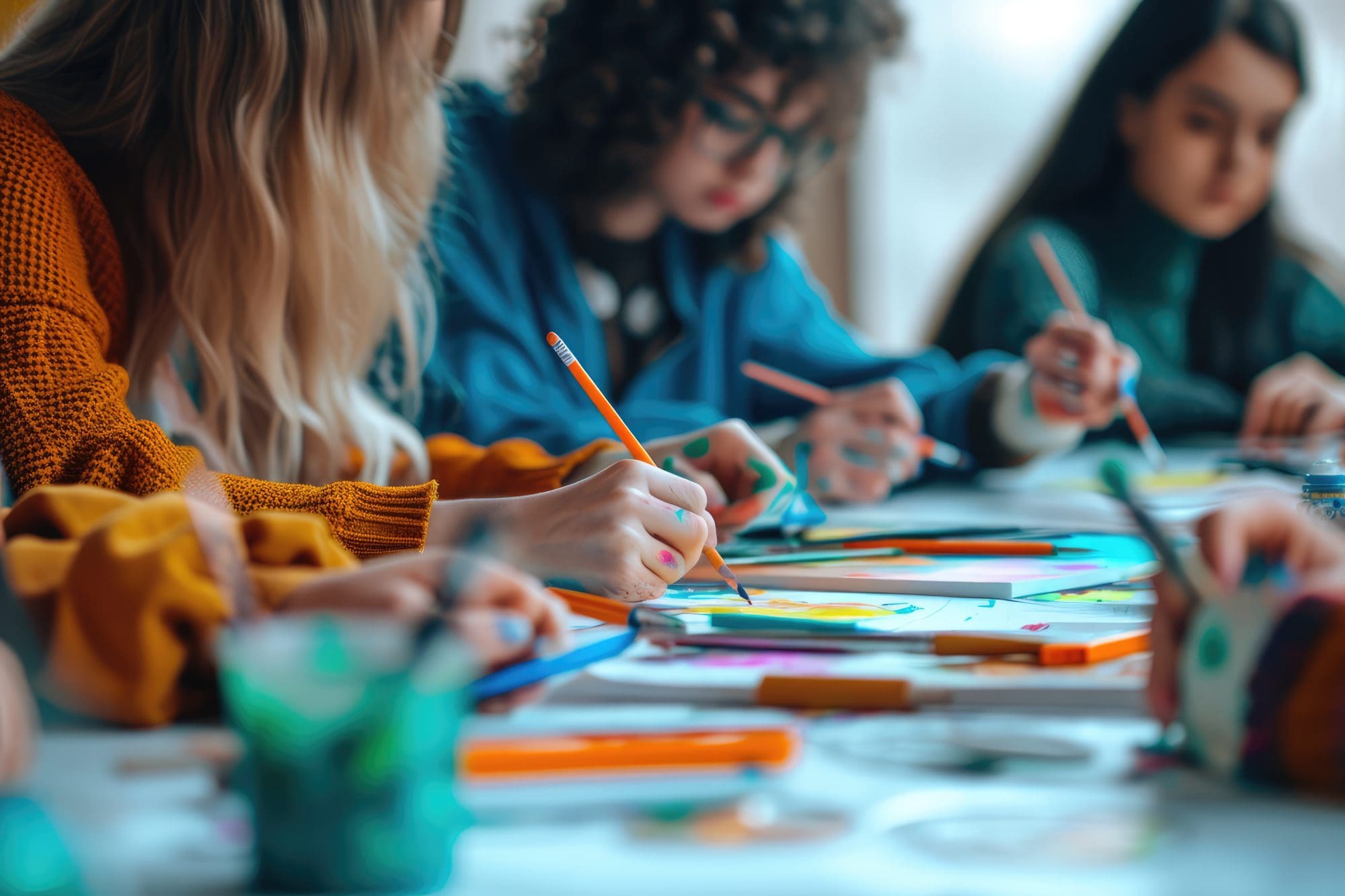 Adolescents, teens, and young adults participating in art therapy in outpatient program.
